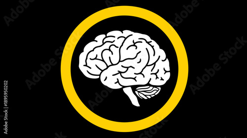 Simplified illustration of a human brain in white, encased within a yellow circle on a black background