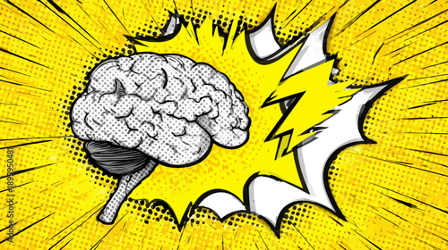 A pop art image of a brain exploding. Black outlines, halftone dots, and bright colors