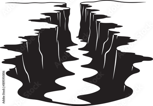 Black and white illustration of a canyon with water