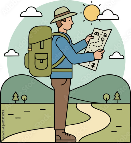 Solo Backpacker Man Reading Adventure Map Hiking Mountains Trees Sun Clouds Path Flat Cartoon Vector Illustration