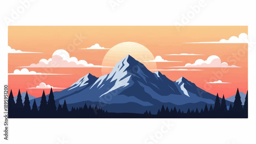 Pixel art landscape of a sunset over snow-capped mountains and forest