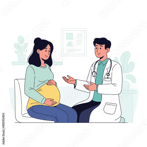 Pregnant woman consulting with a male doctor in a clinic for prenatal care.