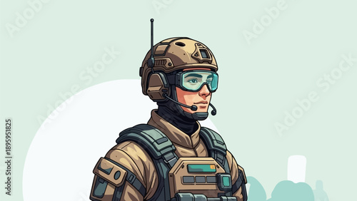 Pixelated portrait of a soldier in tactical gear, facing right