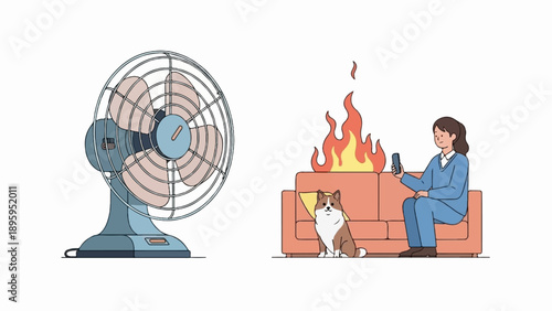 Retro fan on left, person on couch with phone & dog, fire on couch