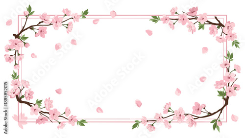 Delicate frame of pink cherry blossom branches with falling petals creates a serene and beautiful spring design.