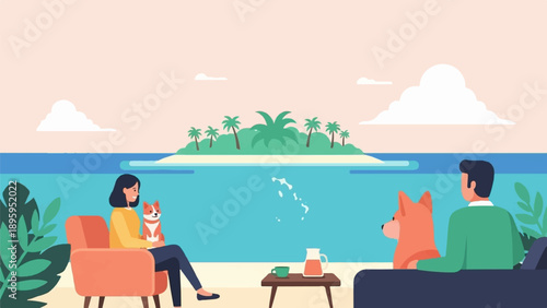 Relaxing by the sea with dogs and an island view