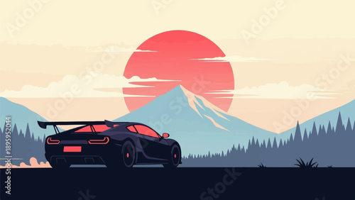Pixel art sports car speeds through a mountainous landscape at sunset