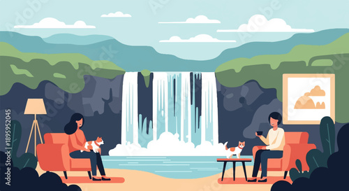 Relaxing by waterfall with pets and artwork