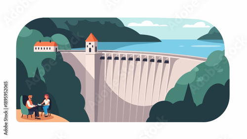 Scenic dam with couple enjoying a lakeside view at a cafe