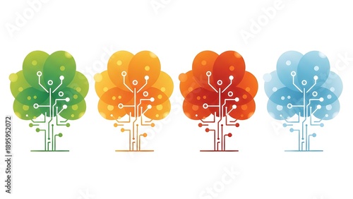 Four Seasons AI Technology Tree with Digital Circuits White Background 