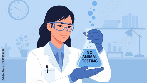 Scientist holding flask labeled "no animal testing" in a laboratory