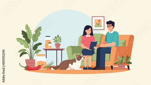 Relaxing indoor scene with people, pet, plants, and food items