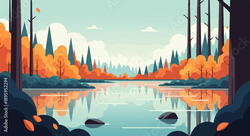 Serene autumn forest scene with vibrant orange foliage reflected in a calm lake