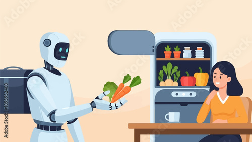 Robot presents fresh vegetables from the refrigerator to a smiling woman