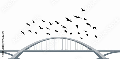 Silhouetted birds in flight above a modern arch bridge