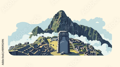 Pixelated ancient mountain citadel nestled among clouds and peaks