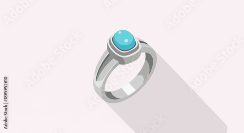 Silver ring with a single oval turquoise gemstone, isolated on pink