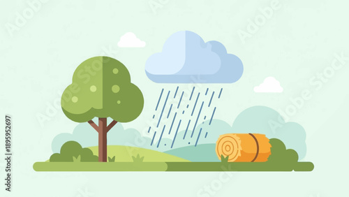 Rolling hay bale under a rainy cloud beside a green tree