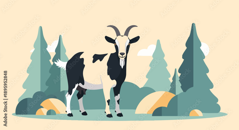 Fototapeta premium Stylized goat stands in a simplified forest landscape with a light background