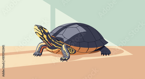 Pixelated turtle with yellow stripes on neck and legs, dark shell