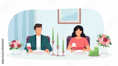 Romantic dinner for two with candles, wine, and flowers