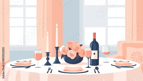 Romantic dinner setting with flowers, candles, wine, and place settings