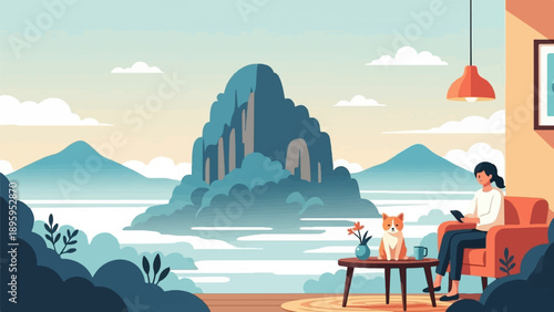 Serene mountain vista with woman and dog enjoying indoor comfort