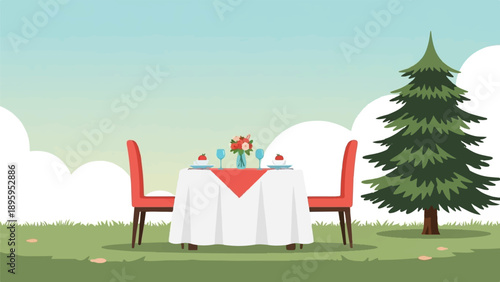 Romantic outdoor dining setup with flowers, fruit, and wine glasses