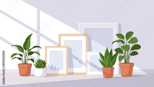 Stacked picture frames and potted plants cast shadows indoors