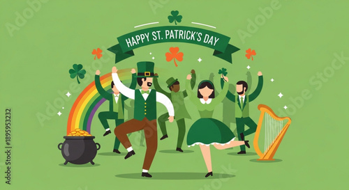 Happy st patrick's day celebration with green clad people dancing around a pot of gold and rainbow