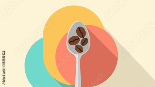 Spoon holding coffee beans with colorful abstract circles behind