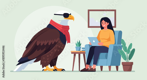Stylish eagle stands near woman working on laptop in armchair