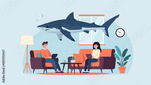 Shark looms over people working on laptops in a living room