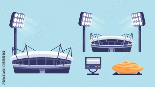 Sports stadium lights, scoreboard, and trophy