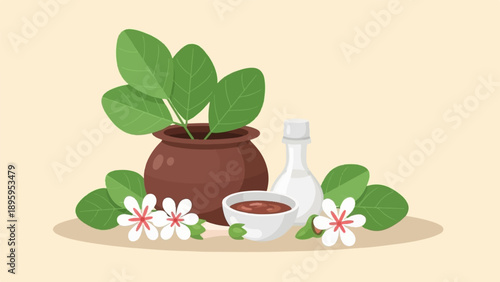 Rustic pot with leaves, flowers, and potion bottle in soft light