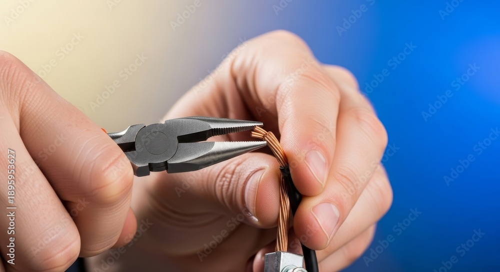 Fototapeta premium Close-up view of hands carefully shaping copper electrical wire using pliers for precise connection in a power terminal, insulation, manipulation, labor