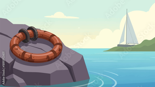 Rusty ring on rocky shore with sailboat in distance
