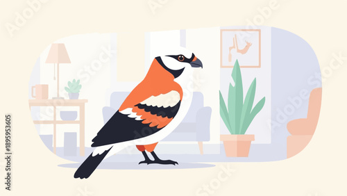 Stylized bird with orange, black, and white plumage stands in a softly lit room