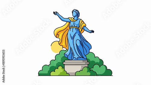 Stylized blue statue of a woman in a yellow cape stands before a sun