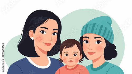 Stylized illustration of two women and a baby, with a pastel background