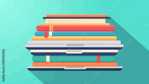 Stack of colorful books and open laptops on a teal background