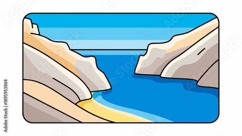Stylized coastal inlet with rocky cliffs and bright blue water