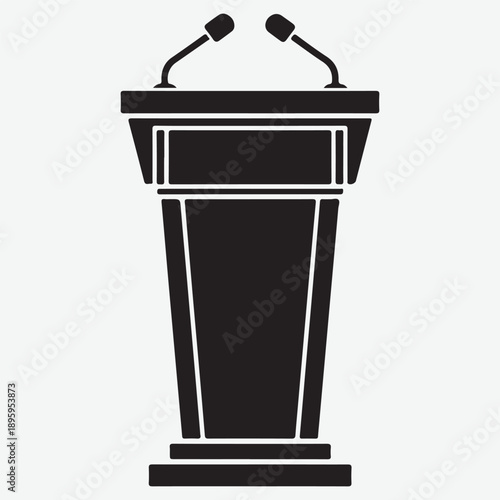Black tribune icon stand rostrum with microphones on white background. Podium or pedestal stand for speech or public pulpit for orator lectern with microphone icon stock vector 