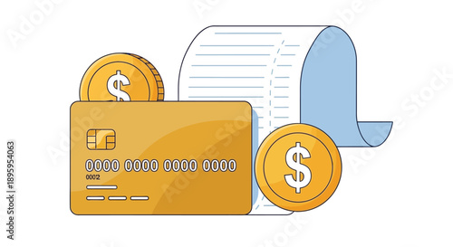Golden credit card, two dollar coins, and a long receipt symbolize a financial transaction. The image conveys themes of spending and budgeting.