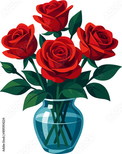 Red Rose Bouquet in Blue Glass Vase, Classic Romantic Floral Arrangement with Green Leaves