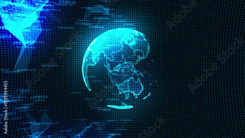 Futuristic digital globe hologram rotating in dark space with glowing blue grid lines and data streams representing global network and artificial intelligence with abstract plexus