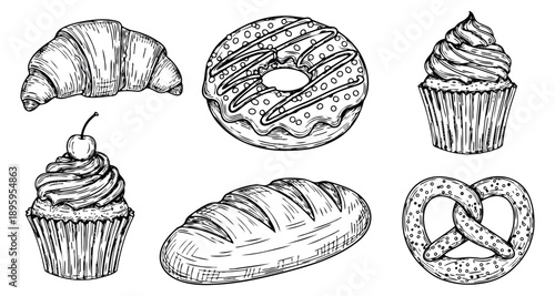 Hand drawn line art bakery items set featuring a croissant, donut, cupcakes, bread, and pretzel for menu design