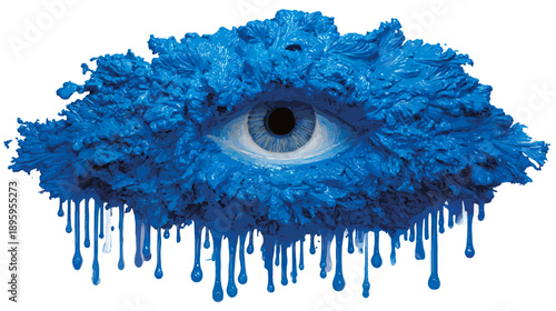 A surrealist depiction of an eye embedded in a blue, textured form with paint drips