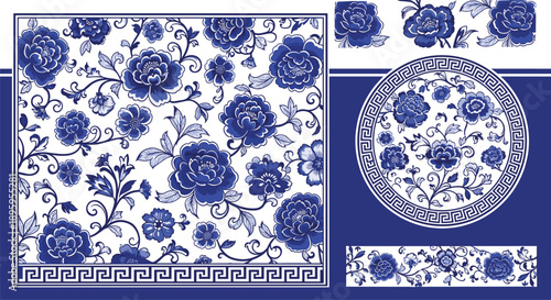 Classic blue floral porcelain pattern set with Chinese ceramic style flowers, seamless decorative borders and ornamental frame designs, vector collection