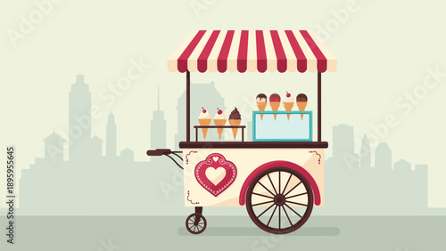 Classic ice cream cart with a red and white striped awning standing against a pale grey city skyline silhouette.